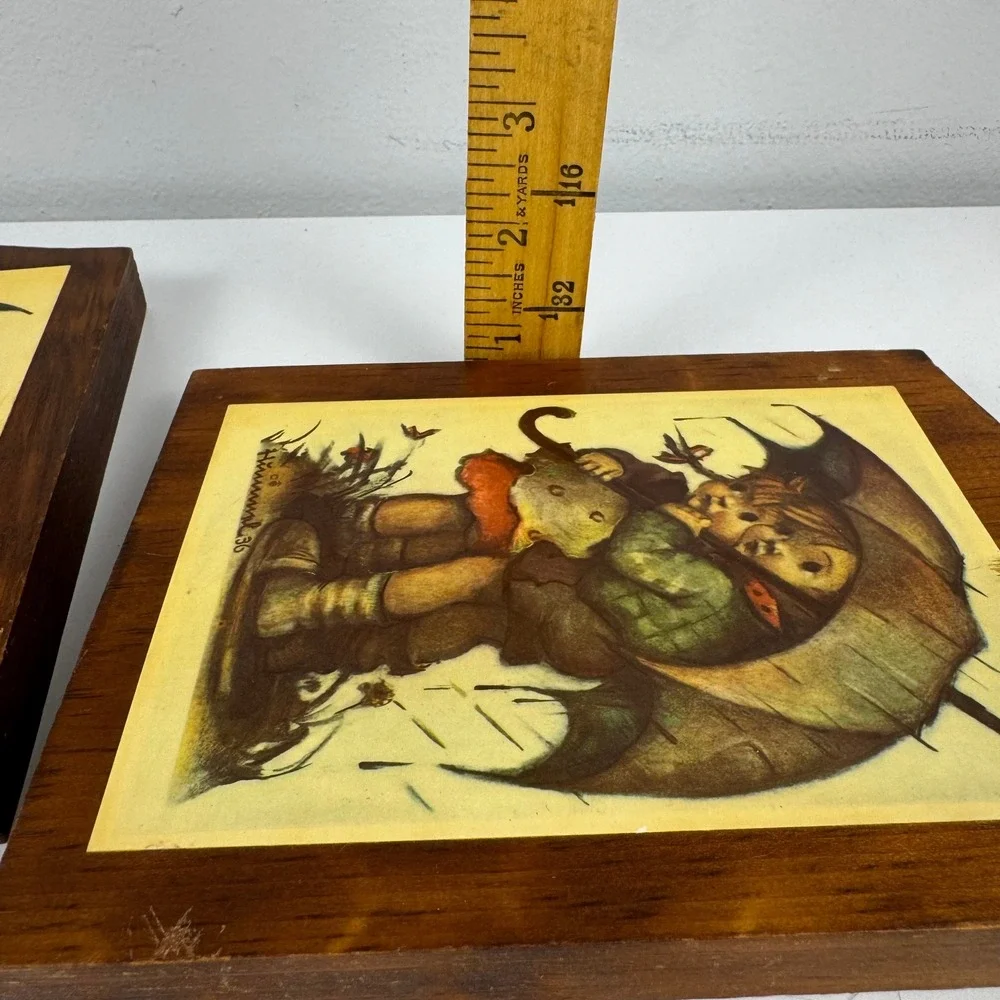 Vintage Hummel Wood Wall Plaques Pair Umbrella Boy and Girl Art Prints Goebel